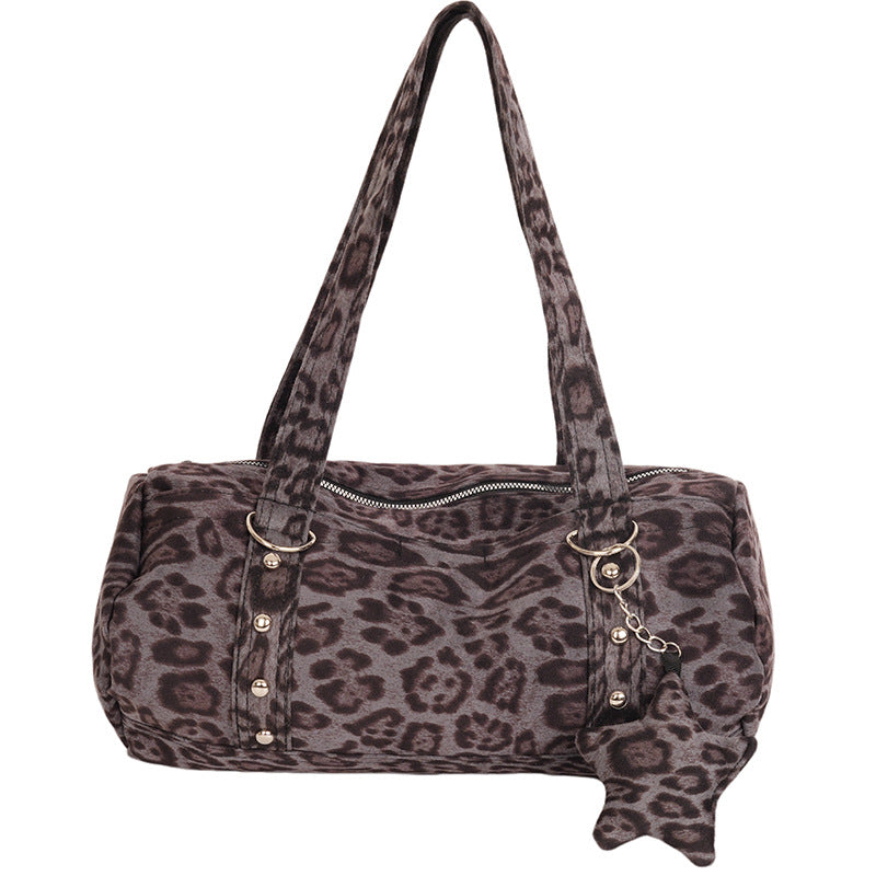 Gray Leopard Print Barrel Bag with Cat Tail - Novelty Animal Print Shoulder Bag | Playful Cylindrical Tote with Studs