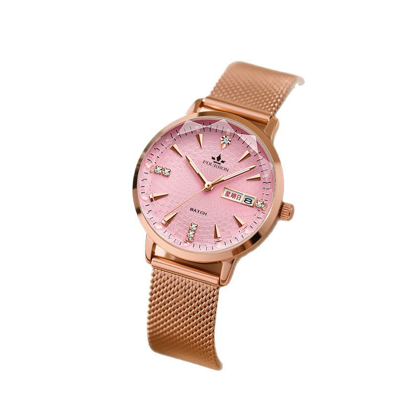 Fourron Rose Gold Mesh Women's Watch | White Dial Crystal Markers Day Date Display Elegant Quartz Timepiece