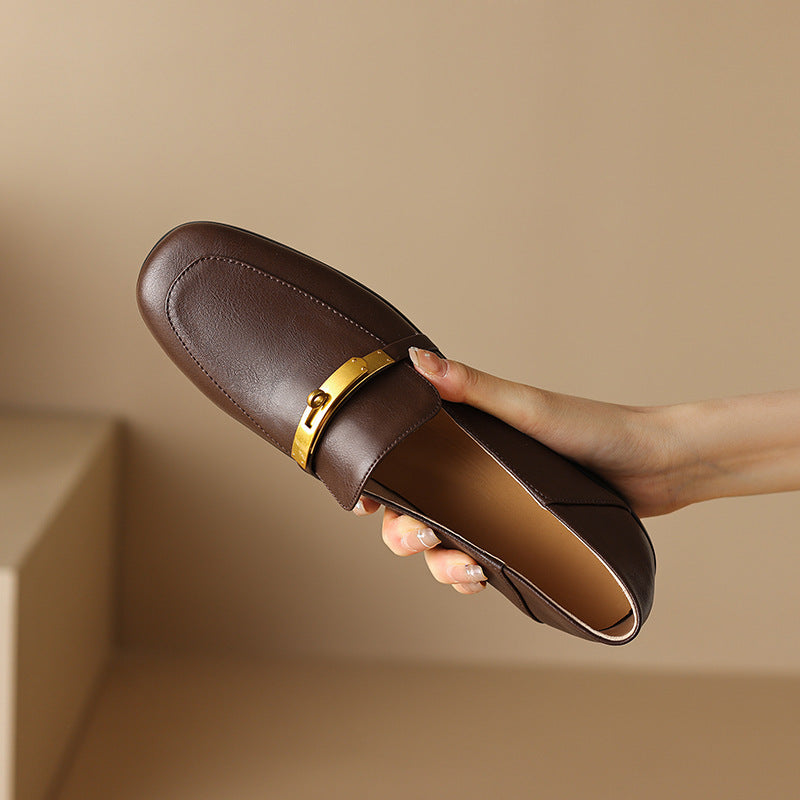 Black Leather Flat Loafers Gold Metal Bar Detail Square Toe Slip On Women Shoes | Elegant Comfortable Everyday Office Casual Fashion Flat Shoes