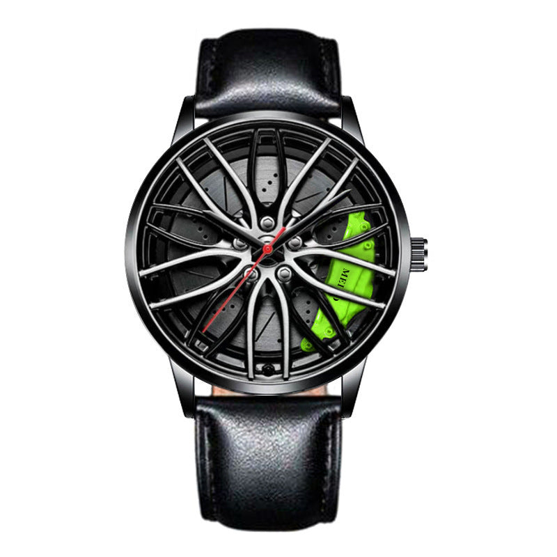 MEIBO Spinning Rim Watch Men | 3D Black Wheel Dial Red Brake Caliper | All Black Steel Bracelet | Car Enthusiast Racing Watch