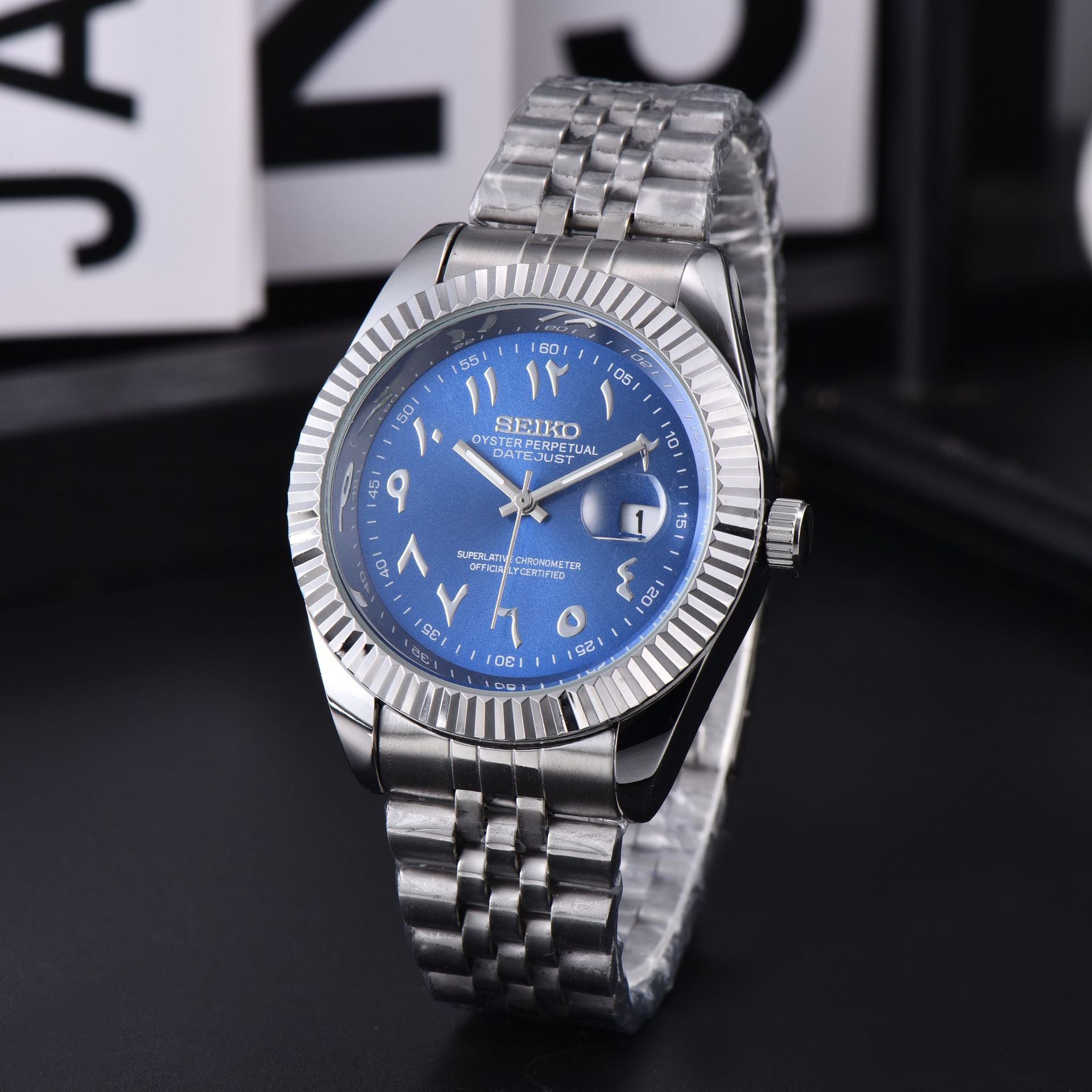 Men's Silver Luxury Dress Watch | Fluted Bezel Arabic Numeral Black Dial Jubilee Bracelet Date Watch