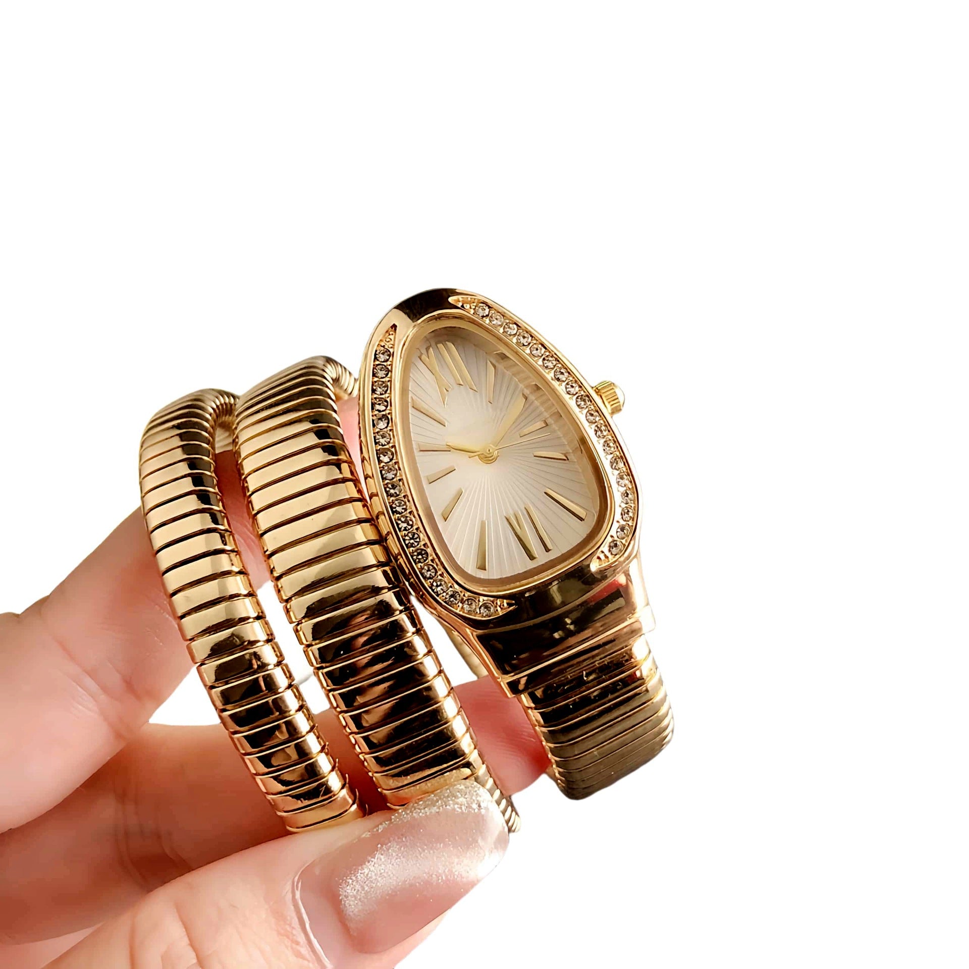 Gold Snake Coil Watch Women | Crystal Diamond Bezel | White Sunray Roman Dial | Serpenti Style Wrap Bracelet Luxury Watch