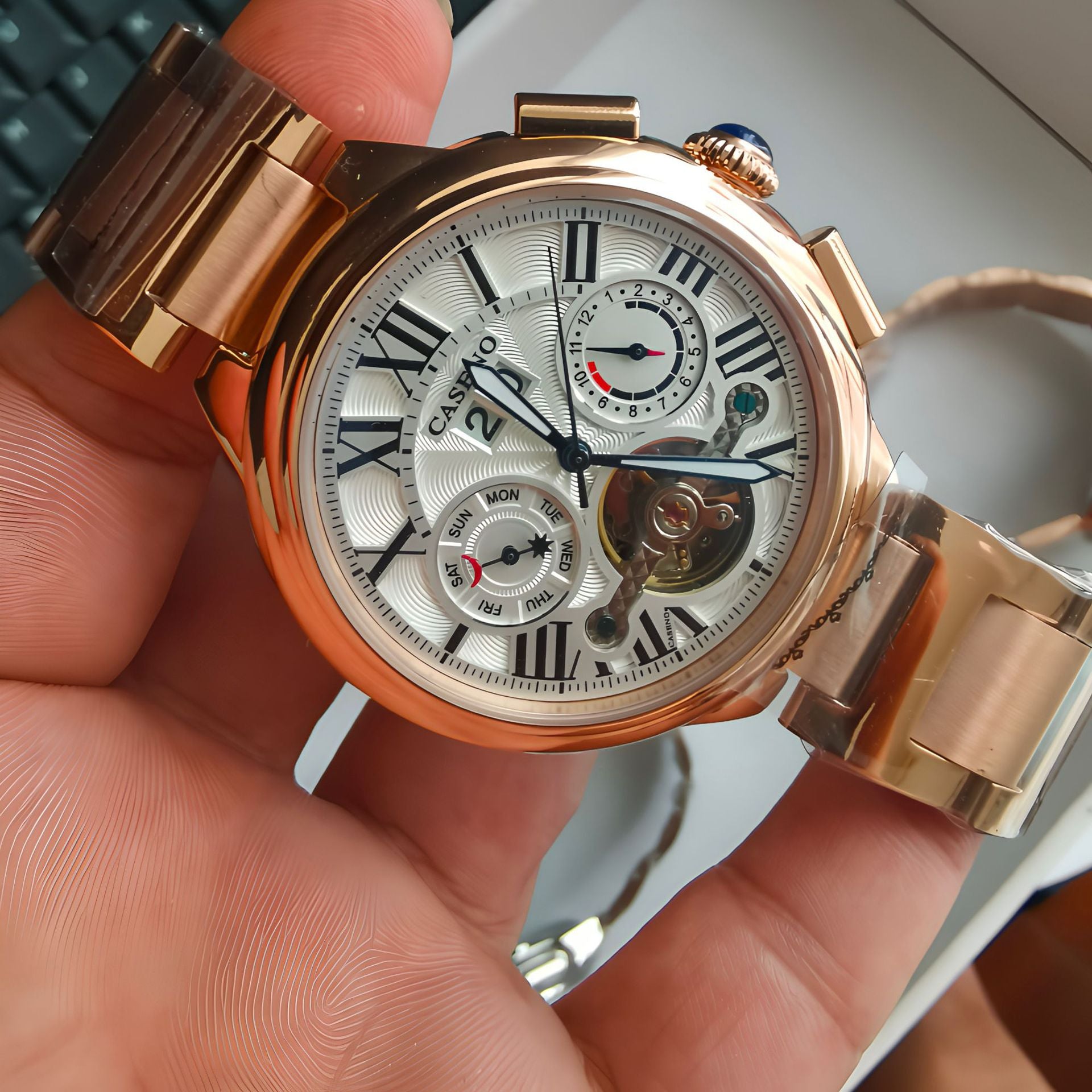 Caseno Men's Tourbillon Multifunction Watch | White Dial Roman Numeral Day Date Moon Phase Brown Leather Strap Automatic Style