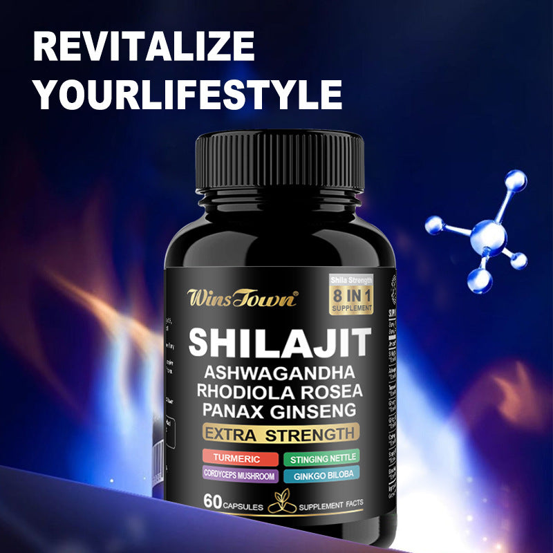 WinsTown Shilajit 8-in-1 Extra Strength Supplement | Ashwagandha Rhodiola Ginseng Turmeric Cordyceps | 60 Capsules Energy & Vitality Support