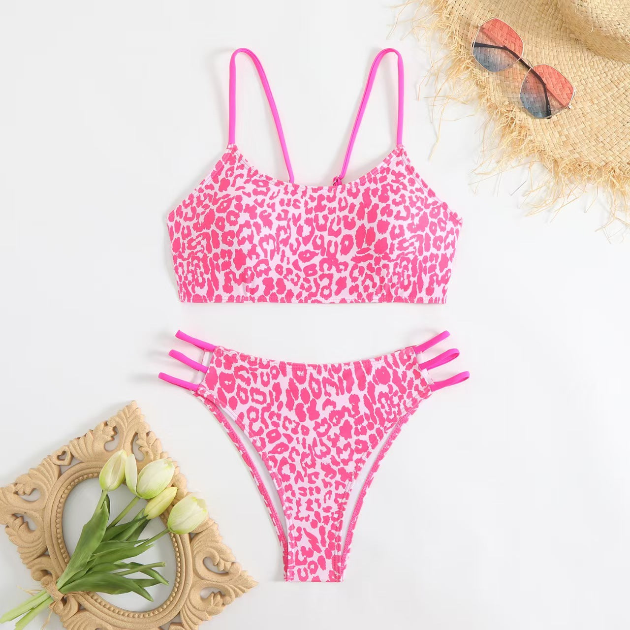 Leopard Print Neon Pink Strap Bikini Set, Crop Top & Triple Strap Cheeky Bottom, Women Animal Print Color Block Swimwear, Bold Beach Swimsuit, Black Tan Hot Pink Two Piece Bathing Suit