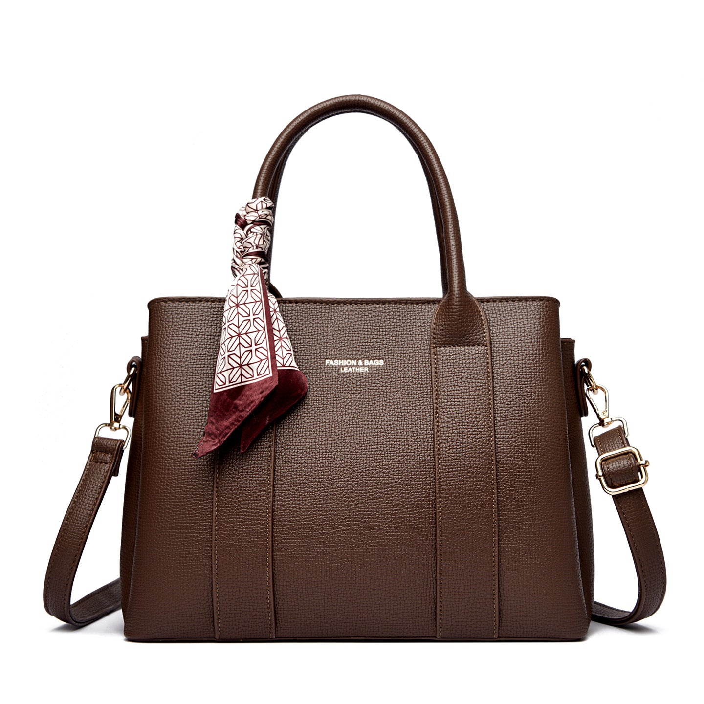 Black Leather Tote Handbag Women | Structured Shoulder Bag Crossbody Satchel with Scarf Detail Gold Hardware