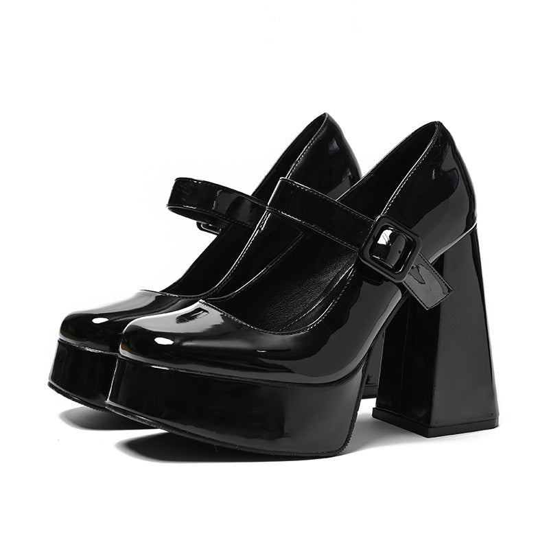 Black Patent Leather Platform Mary Jane Chunky Heels | Women's Square Toe Block Heel Ankle Strap Pumps | Bold Glossy High Heels