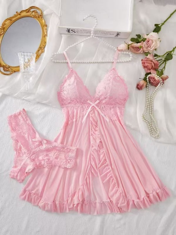 Women's Lace Babydoll Lingerie Dress Sexy Deep V Bow Front Sheer Mesh Mini Chemise Sleepwear 6 Colors