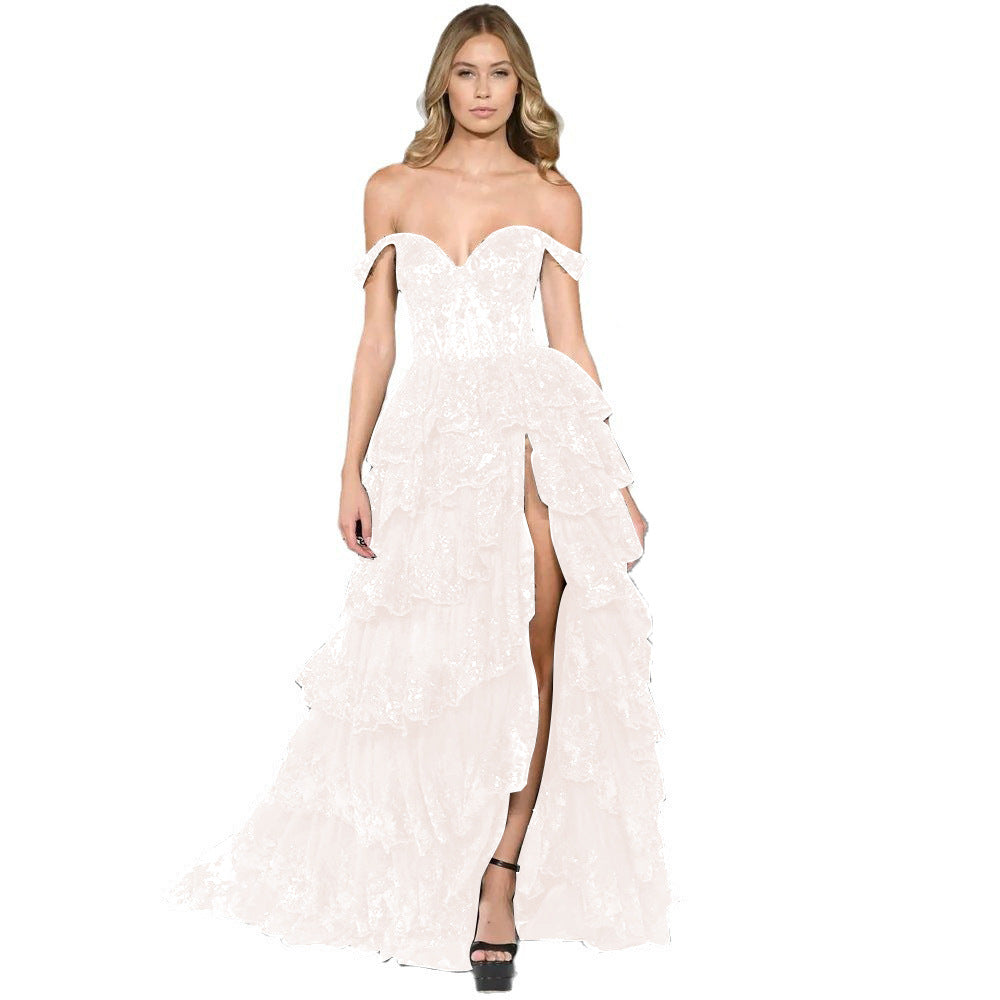 Black Off-Shoulder Sequin Lace Tiered Gown | Corset Ruffle Slit Formal Dress | Prom Evening Gown