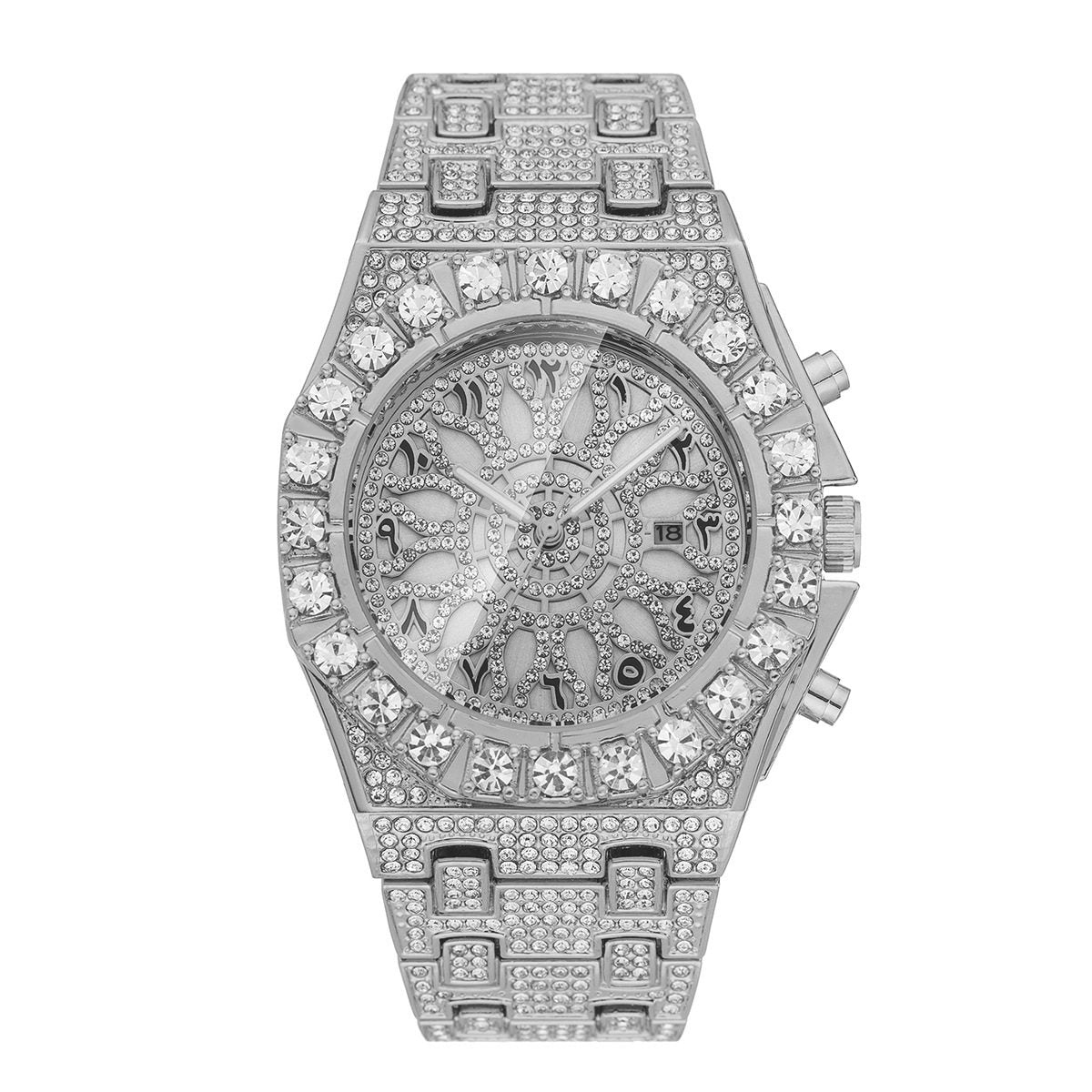 Men's Iced Out Gold Watch | Full Diamond CZ Arabic Numeral Dial | Luxury Hip Hop Skeleton Bezel | Bling Rapper Watch with Date | UAE