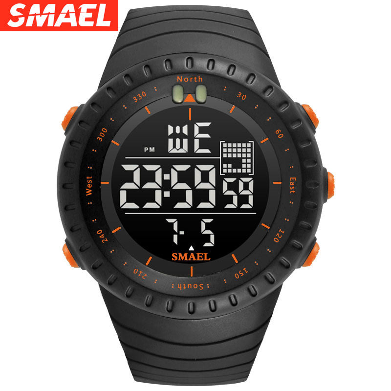 SMAEL Men's Digital Sport Watch | Compass Bezel Black Orange | Military Tactical LED Outdoor Watch with Calendar & Alarm