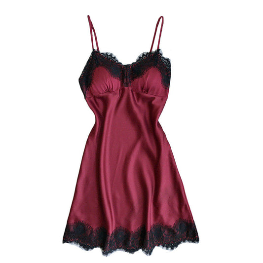Women's Burgundy Satin Black Eyelash Lace Trim Slip Nightgown Sexy V Neck Sleeveless A-Line Mini Sleep Dress Chemise