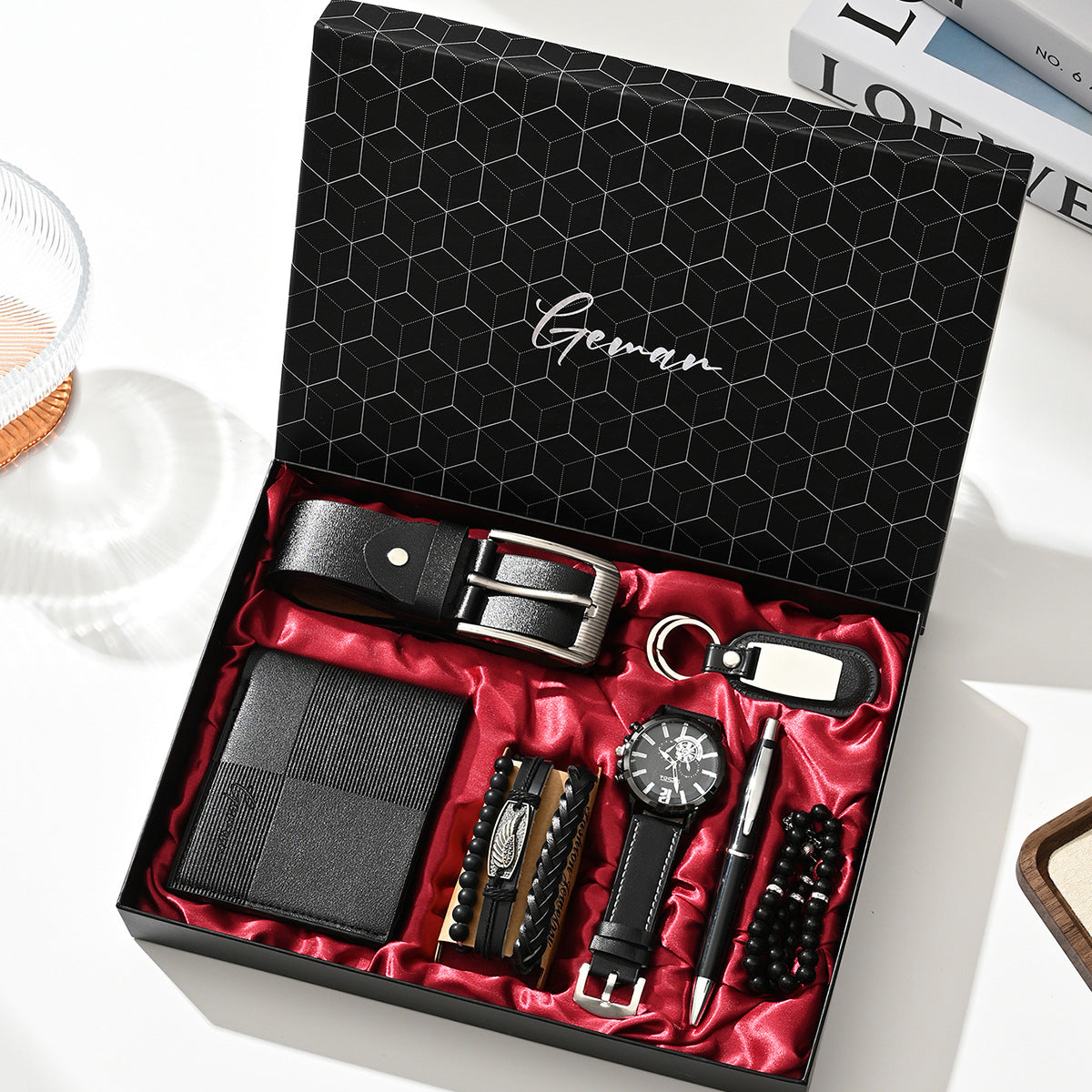Geman Men's Luxury Gift Set – 6-Piece Black Leather Belt, Wallet, Watch, Bracelet, Keychain & Pen Box Set | Premium Men's Gift