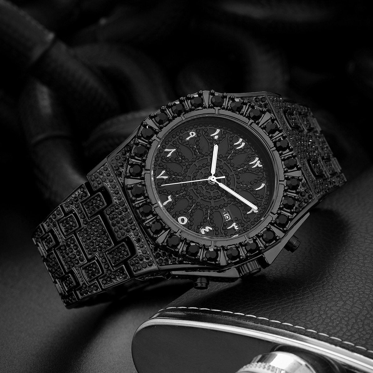 Men's Iced Out Gold Watch | Full Diamond CZ Arabic Numeral Dial | Luxury Hip Hop Skeleton Bezel | Bling Rapper Watch with Date | UAE