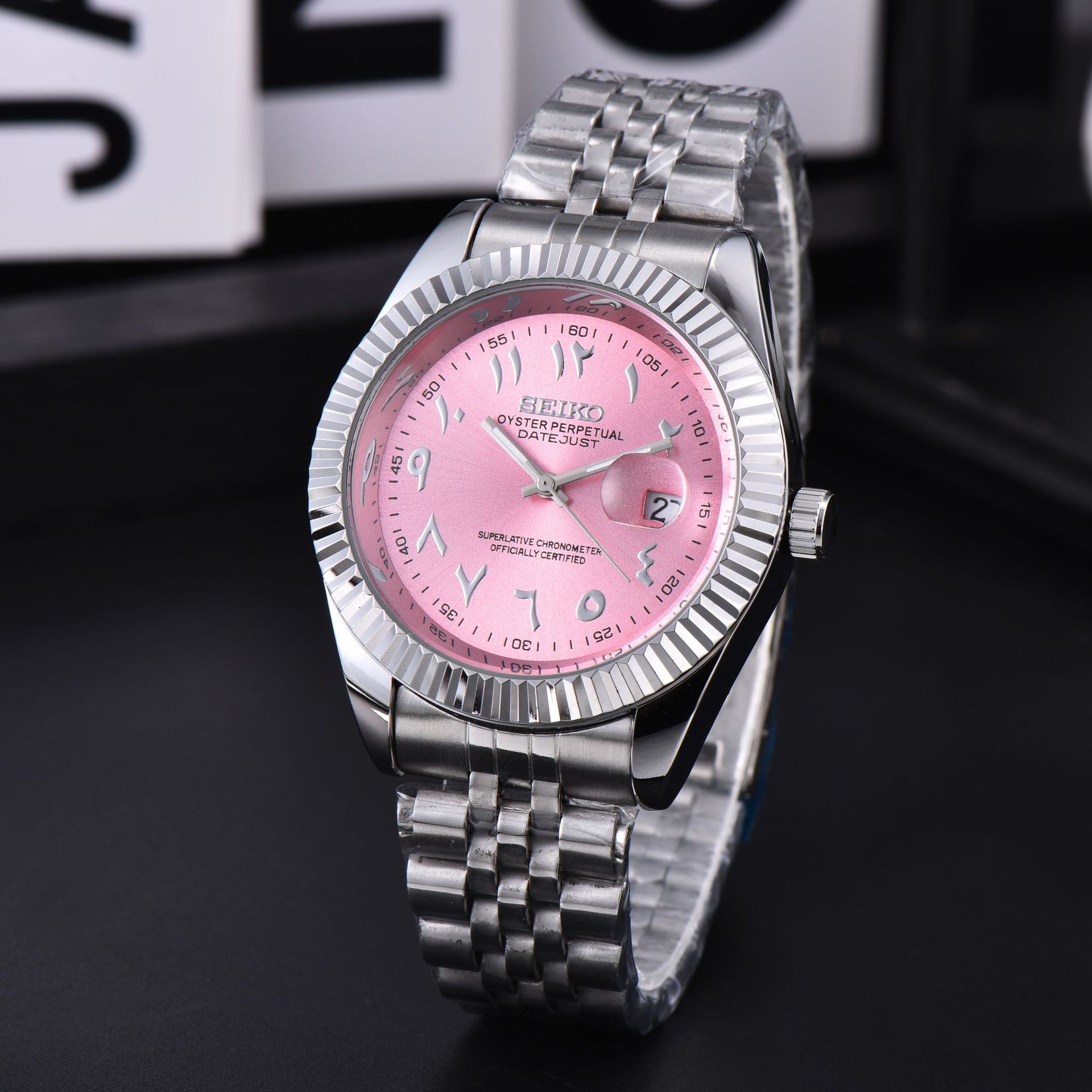 Men's Silver Luxury Dress Watch | Fluted Bezel Arabic Numeral Black Dial Jubilee Bracelet Date Watch