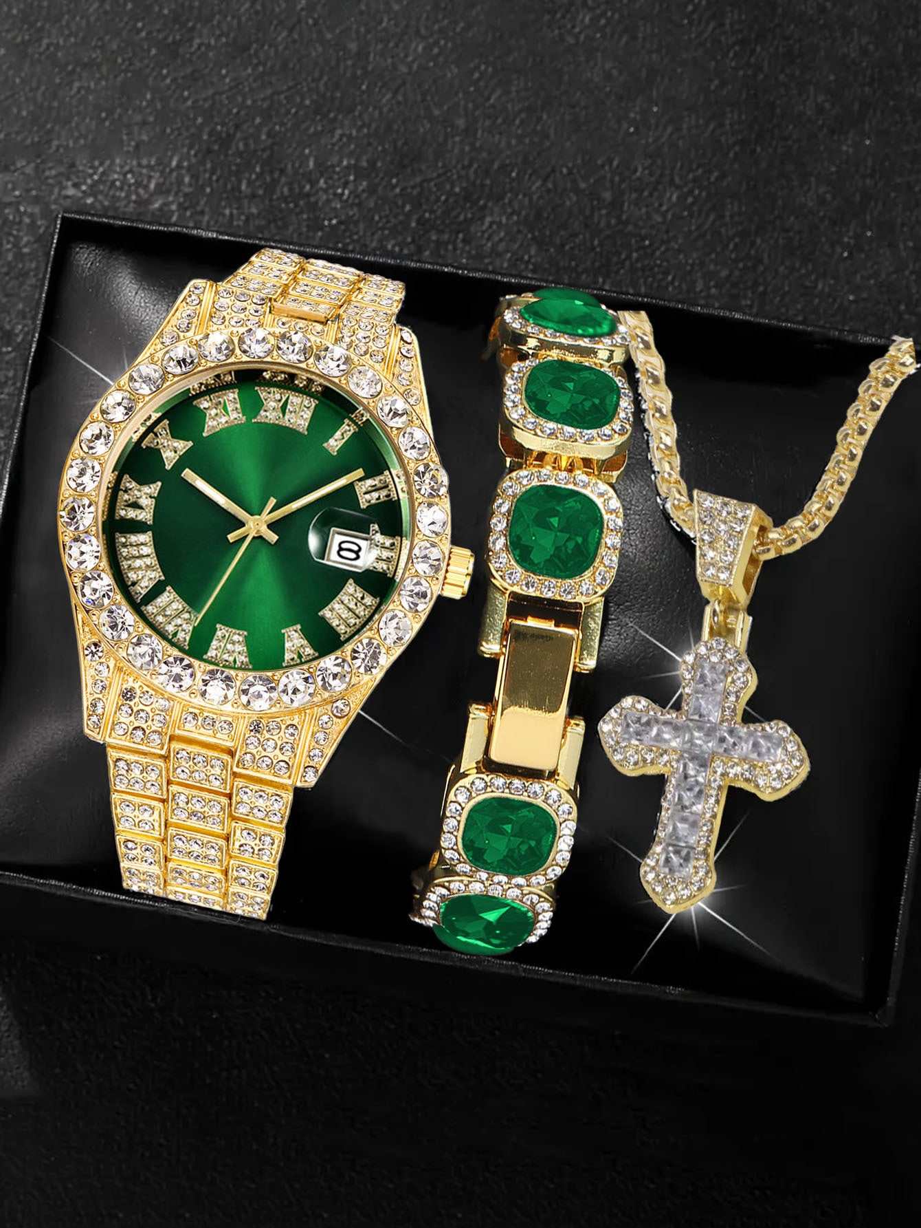 Men's Iced Out Green Emerald Watch Bracelet & Cross Necklace Set | Gold CZ Diamond Hip Hop Jewelry Gift Box