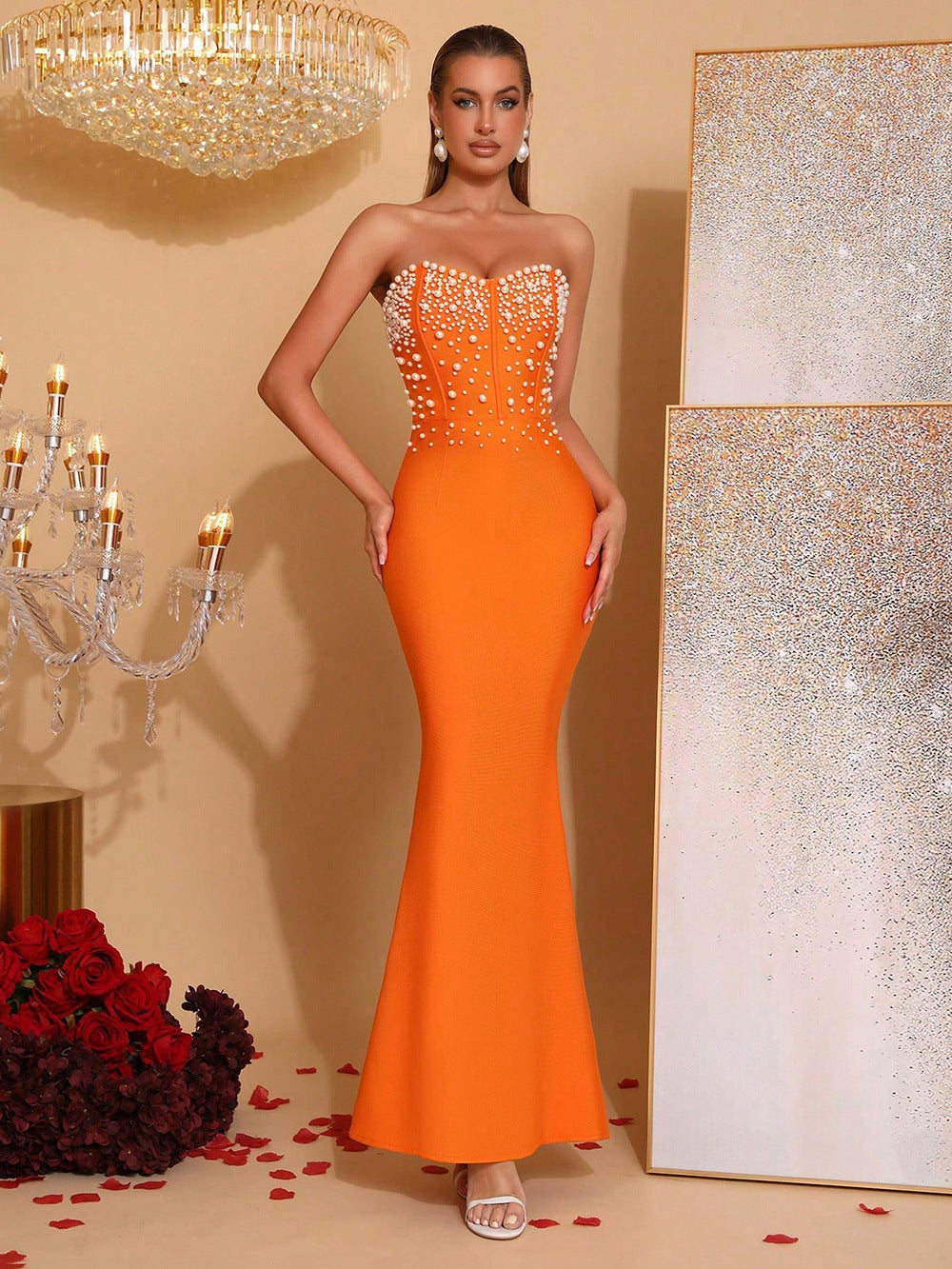 White Pearl Embellished Strapless Corset Mermaid Maxi Dress Bodycon Fishtail Gown | Women Elegant Evening Wedding Bridal Formal Party Dress