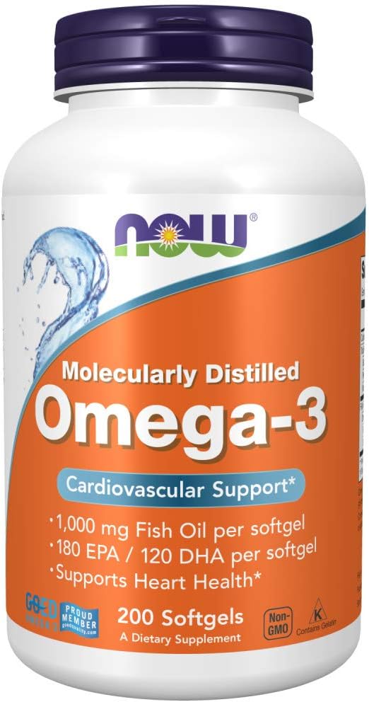 NOW Foods Omega-3 Fischöl 1000mg – 2 x 200 Softgels | 180 EPA 120 DHA | Molekular destilliert zur Unterstützung des Herz-Kreislauf-Systems
