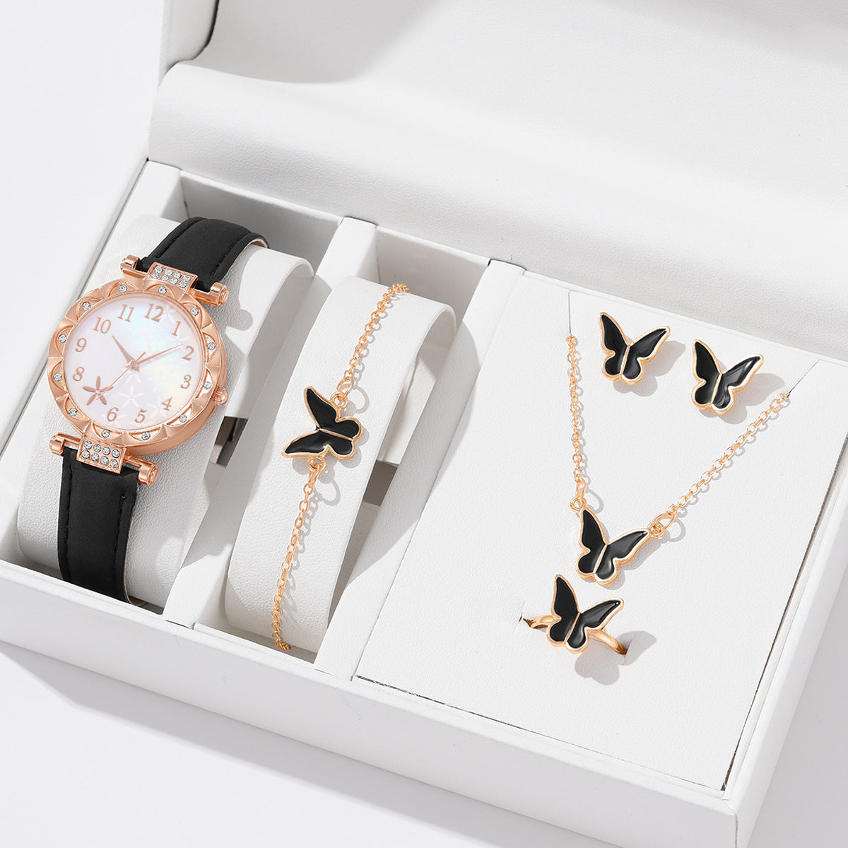 Women's Rose Gold Diamond Watch & Pearl Jewellery Gift Set | 6 Piece White Leather Strap Watch Necklace Earring Bracelet Ring Set