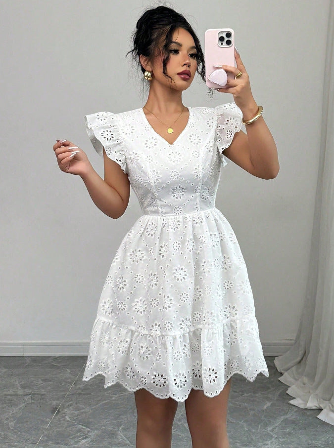 Women's White Eyelet Embroidery Mini Dress Open Back Bow Ruffle Sleeve V-Neck Boho Summer Party Dress