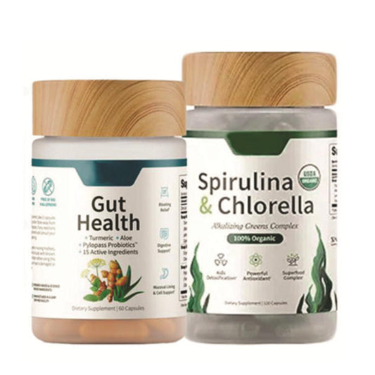 Darmgesundheit & Spirulina-Chlorella-Nahrungsergänzungsmittel-Set | Kurkuma-Aloe-Probiotikum (60 Kapseln) + Bio-Grünkomplex (120 Kapseln) | Entgiftungs- & Verdauungs-Wellness-Set