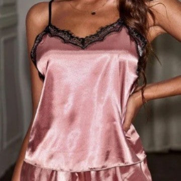 Women's Teal Satin Lace Trim Cami Top & Shorts Pajama Set ? Sexy 2-Piece Silky Sleepwear Lingerie Set