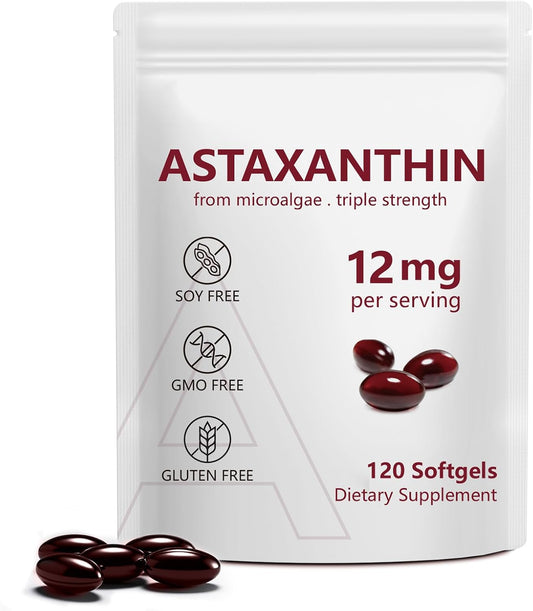 Astaxanthin 12mg 2er-Set | 240 Weichkapseln Dreifache Stärke Mikroalgen | Soja-GVO-Glutenfrei Antioxidans-Ergänzung UK VAE USA