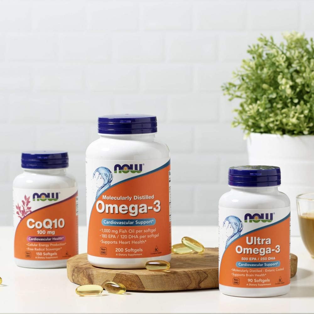 زيت سمك أوميغا 3 من NOW Foods بتركيز 1000 ملجم – عبوة من 2 × 200 كبسولة هلامية | 180 حمض إيكوسابنتاينويك و 120 حمض دوكوساهيكسانويك | تقطير جزيئي لدعم صحة القلب والأوعية الدموية