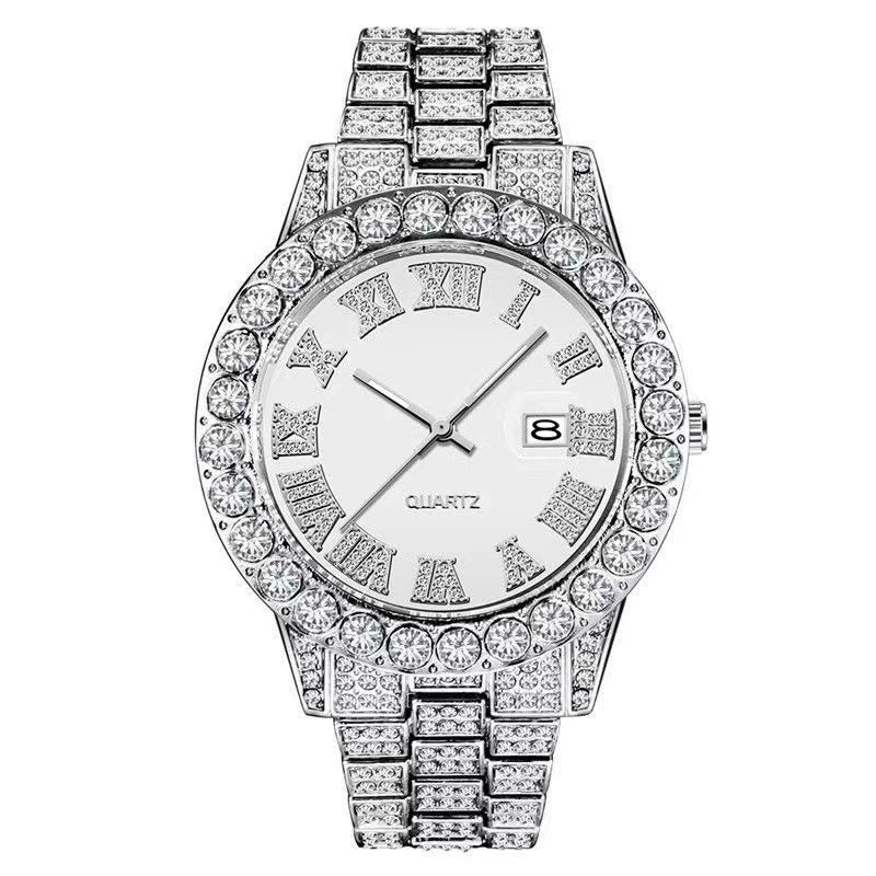 Iced Out Silver Watch | Green Sunburst Dial Diamond Roman Numerals | Full Crystal Bezel & Bracelet Mens Hip Hop Quartz Watch