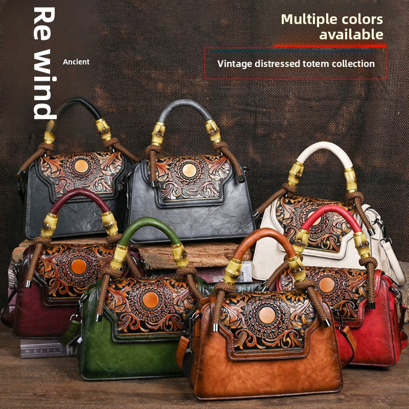 Black Leather Handbag with Tooled Design - Artisan Embossed Shoulder Bag with Braided Handle | Bohemian Ethnic Satchel