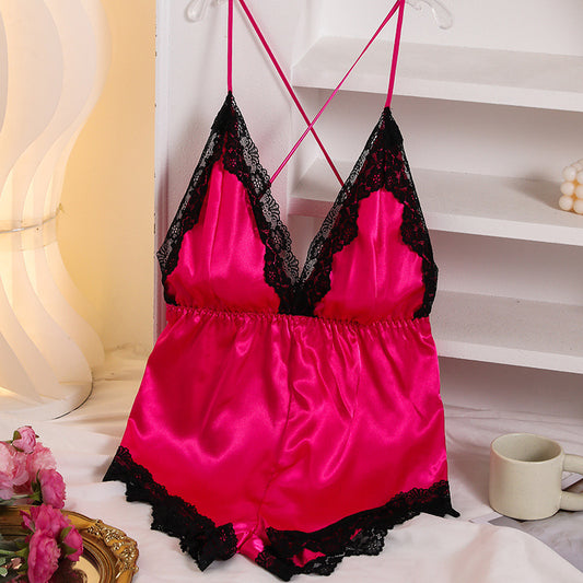 Women's Red Satin Lace Trim Romper Playsuit Sexy Deep V Neck Elastic Waist Sleeveless Lingerie Sleep Romper Shorts