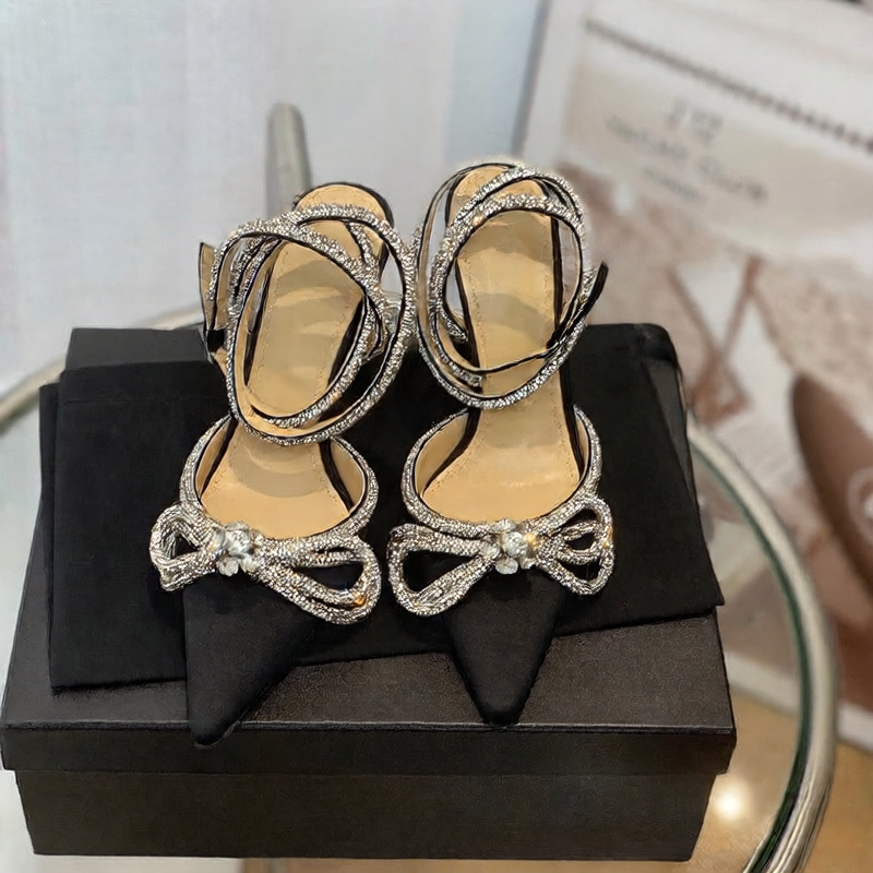 Black Satin Crystal Rhinestone Bow Heels for Women | Diamond Bow Pointed Toe Slingback Stiletto Sandals | Luxury Bridal Wedding Crystal Bow Pumps | Designer Inspired Jewel Bow Evening Heels