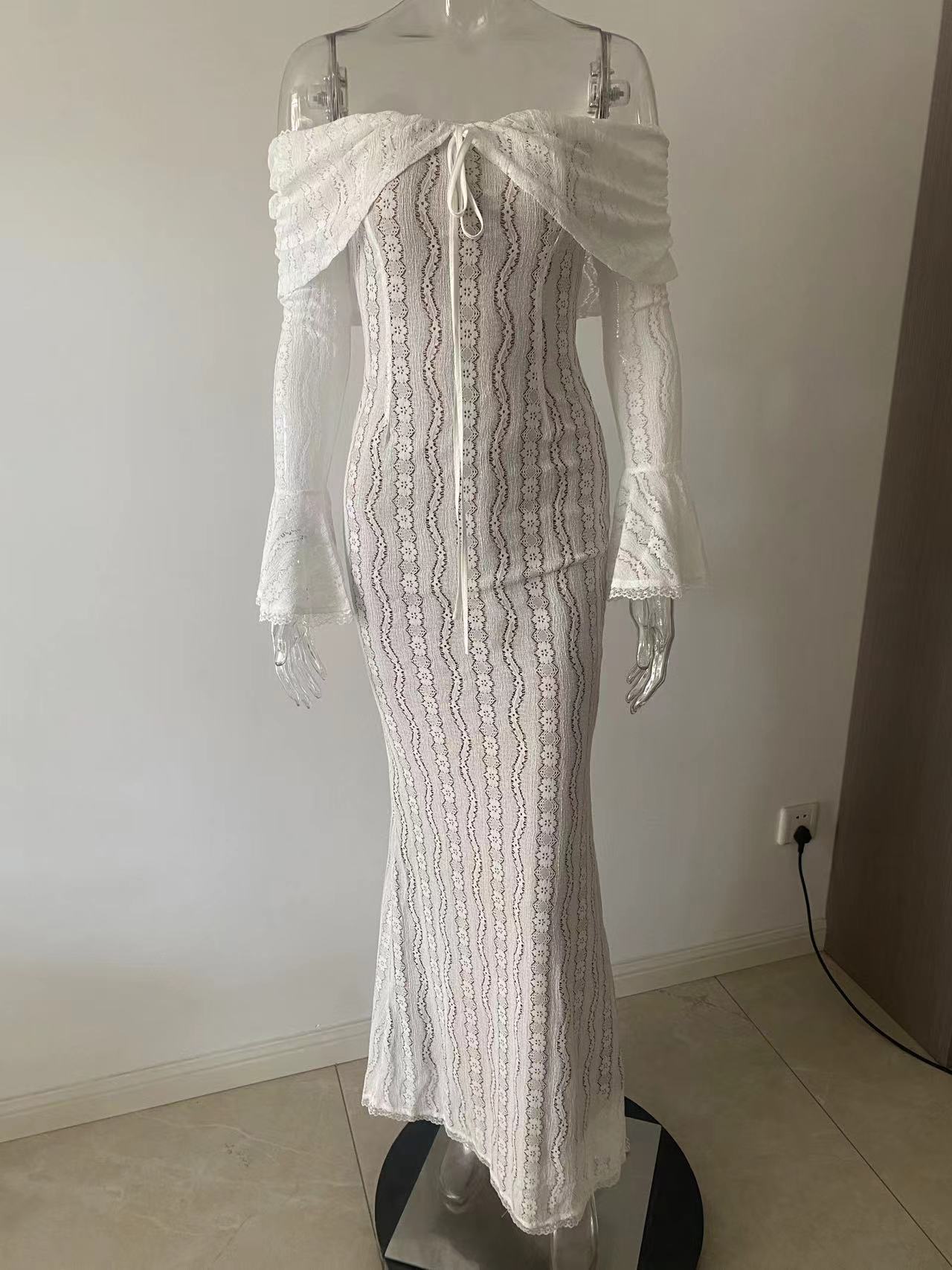 Black Lace Off Shoulder Mermaid Maxi Dress Bell Sleeve Corset Bodycon Gown | Women Elegant Evening Formal Wedding Guest Party Dress