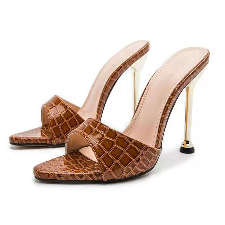 Red Croc Embossed Stiletto Mule Heels | Gold Metallic Thin Heel Open Back Sandals | Luxury Party Shoes
