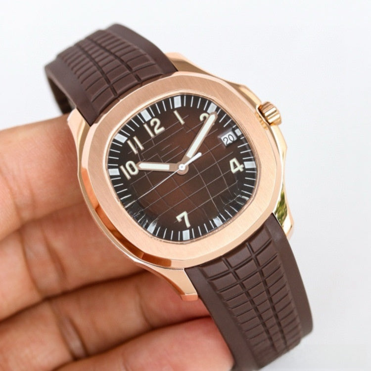 Men's Sport Luxury Watch | Black Grid Dial Stainless Steel Case Rubber Strap | Aquanaut Style Luminous Timepiece