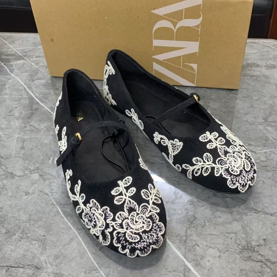 Zara Black Floral Embroidered Mary Jane Ballet Flats | White Lace Flower Strap Flat Shoes for Women