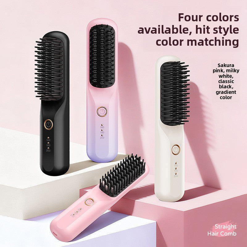 4 Colors Hair Straightening Brush | 160-200�C 3-Level Cordless Electric Hot Comb | Sakura Pink Milky White Black Gradient Portable Ionic Hair Straightener