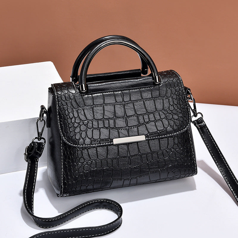 Black Crocodile Embossed Leather Handbag - Structured Top Handle Crossbody Bag with Shoulder Strap | Women's Designer Style Purse