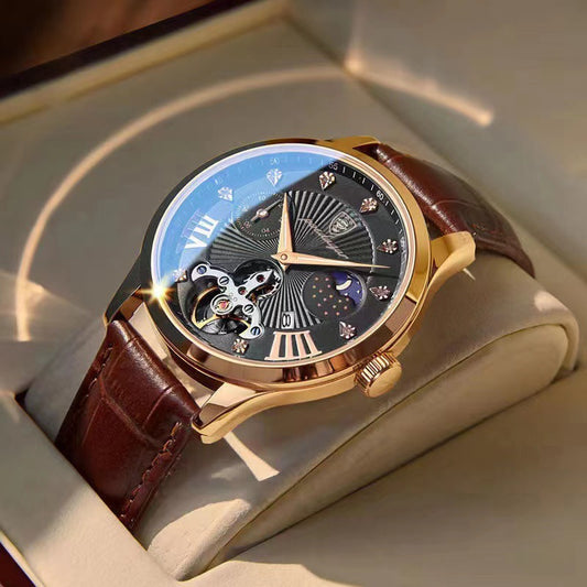 Poedagar Men's Automatic Tourbillon Watch | Black Leather Strap Moon Phase Roman Numeral Luxury Watch