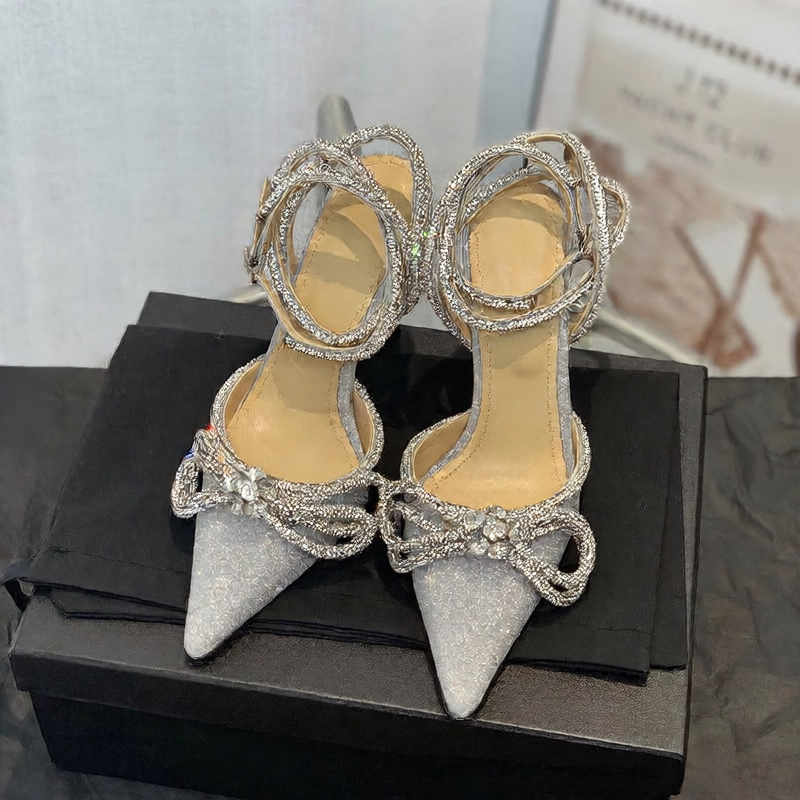 Black Satin Crystal Rhinestone Bow Heels for Women | Diamond Bow Pointed Toe Slingback Stiletto Sandals | Luxury Bridal Wedding Crystal Bow Pumps | Designer Inspired Jewel Bow Evening Heels