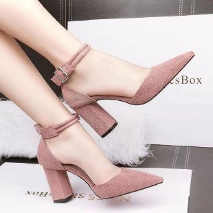 Black Suede Pointed Toe Block Heel Pumps | Double Ankle Strap Buckle High Heels | Women's Chunky Heel Dress Shoes