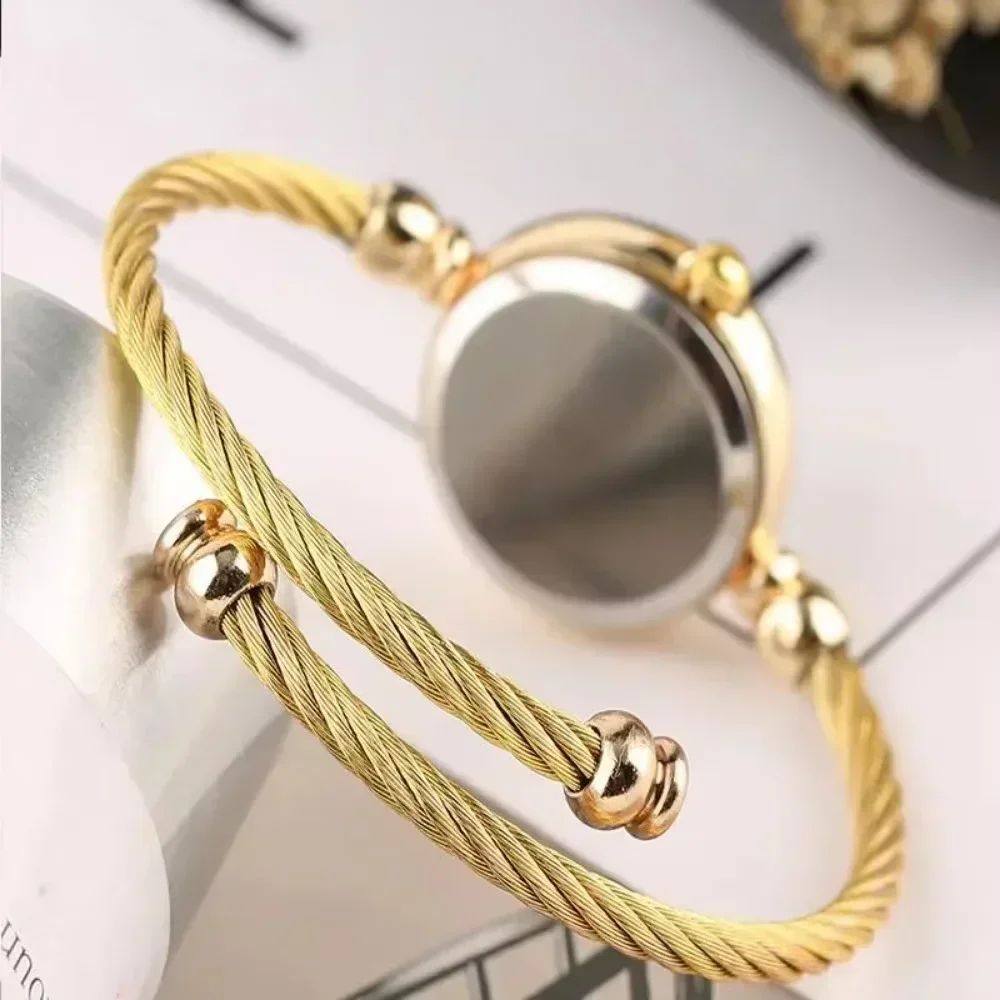 Gold Bangle Cuff Watch Women | Twisted Wire Open Bracelet | Black & White Dial Options | Dainty Minimalist Jewelry Watch