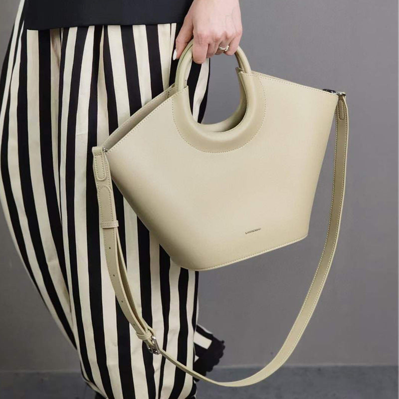 Cowhide High-End French Fashion Commuter Special Bag Niche Design Vegetable Basket Bag Brown Structured Tote Bag with Cutout Handle | Modern Trapezoid Leather Bag