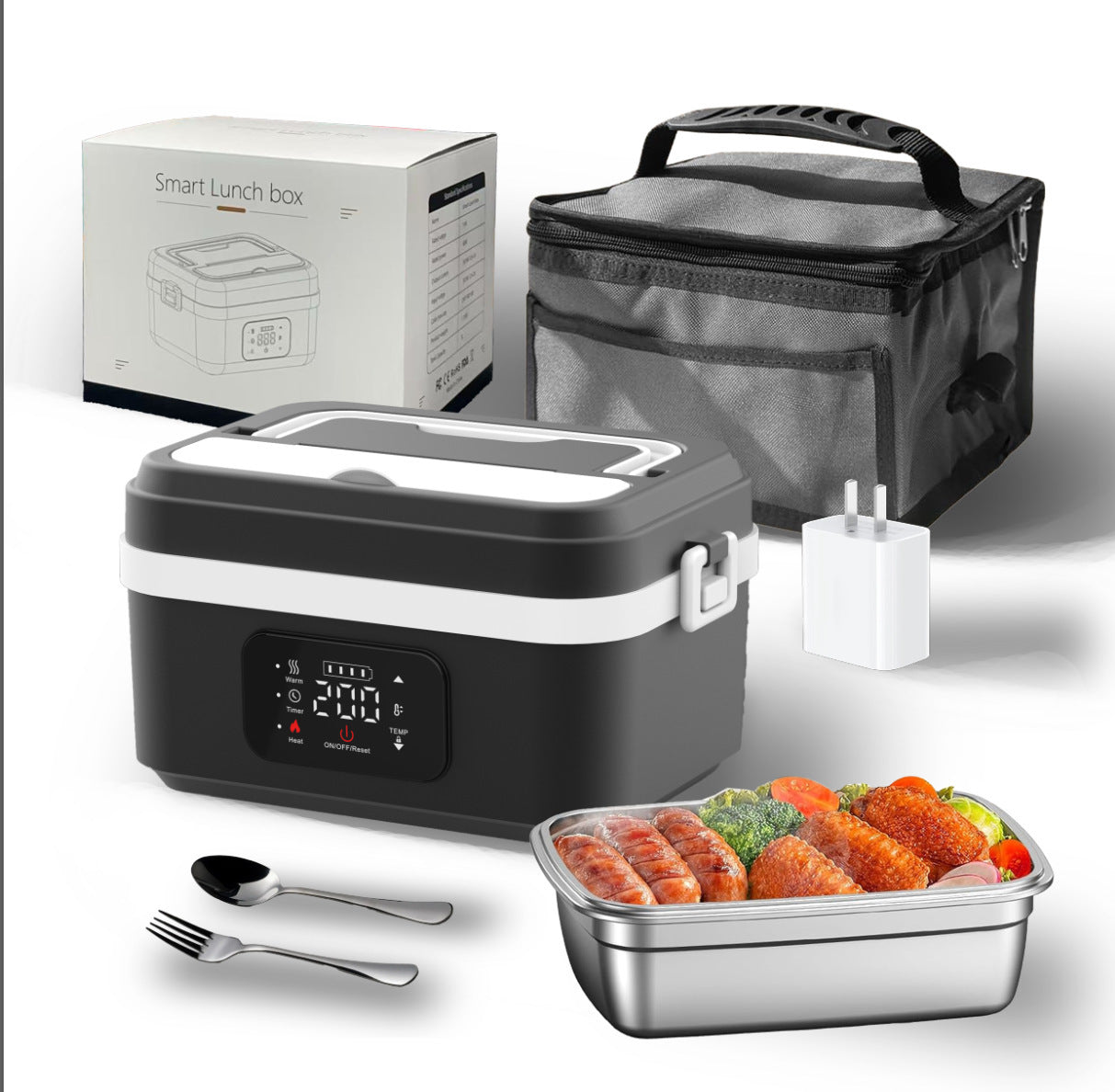 Electric Lunch Box Food Heater with LCD Display Timer & Carry Bag - Portable Self Heating Bento Box Stainless Steel Container for Work