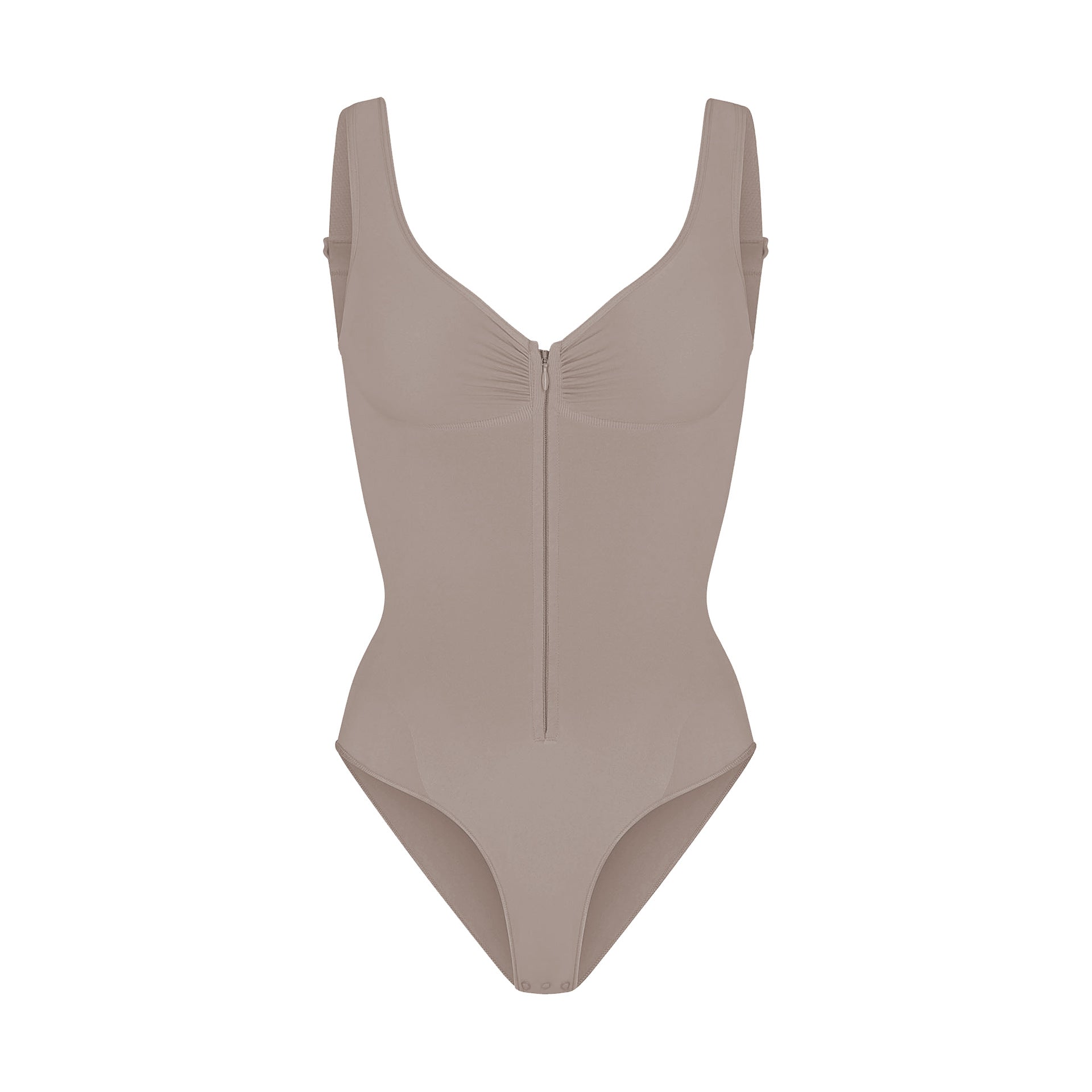 Womens Seamless Tummy Control Bodysuit Shapewear with Zipper Front Deep V Neck Adjustable Straps Thong Body Shaper in Nude and Black