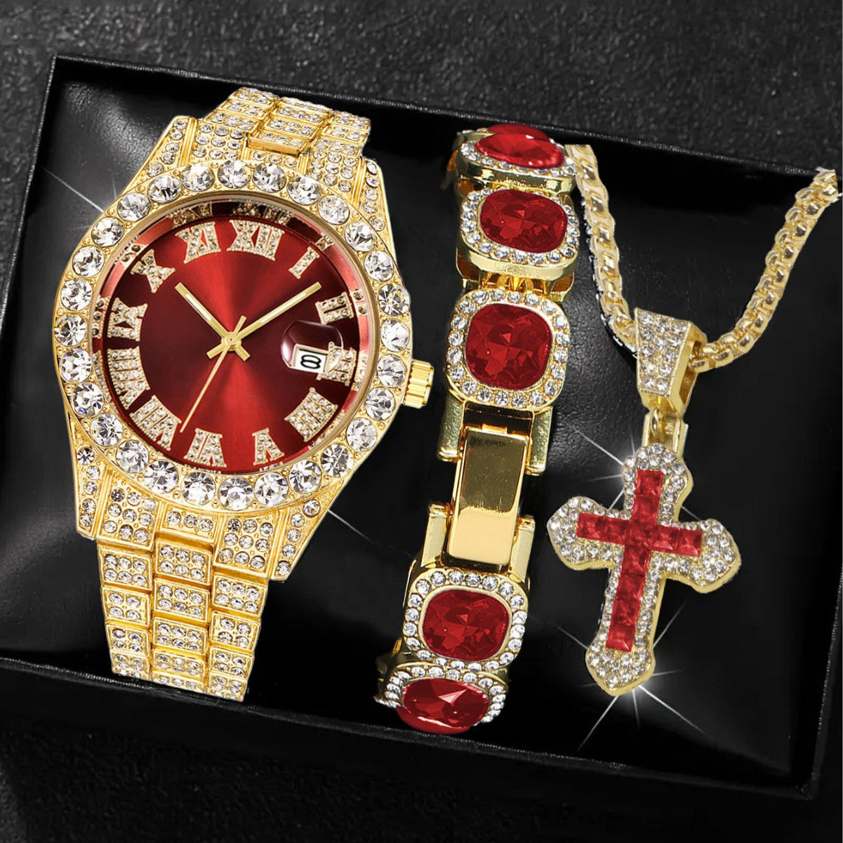 Men's Iced Out Green Emerald Watch Bracelet & Cross Necklace Set | Gold CZ Diamond Hip Hop Jewelry Gift Box