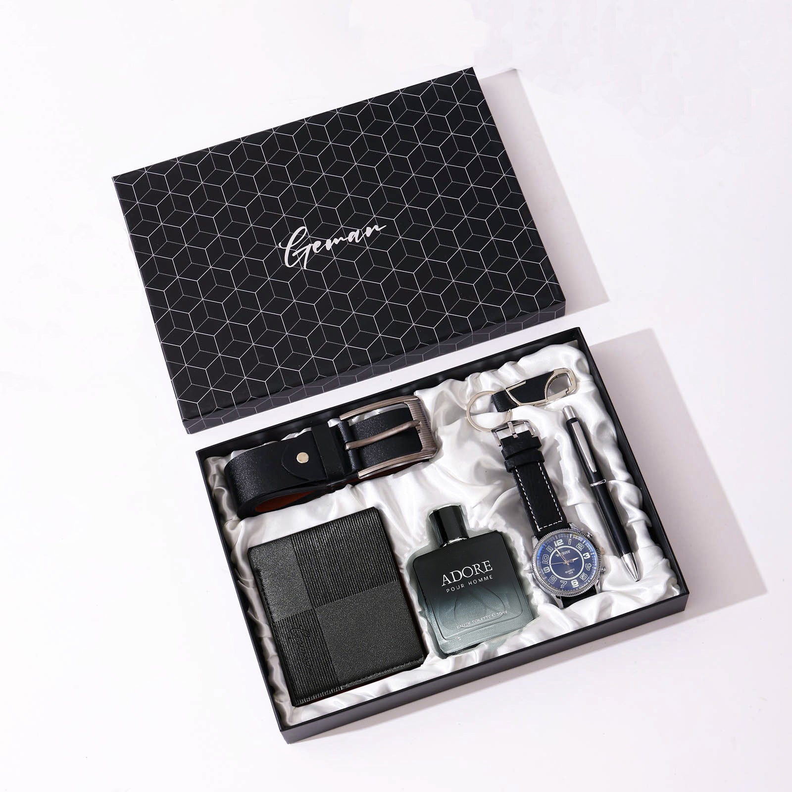 Geman Men's Luxury Gift Set – 6-Piece Black Leather Belt, Wallet, Watch, Bracelet, Keychain & Pen Box Set | Premium Men's Gift