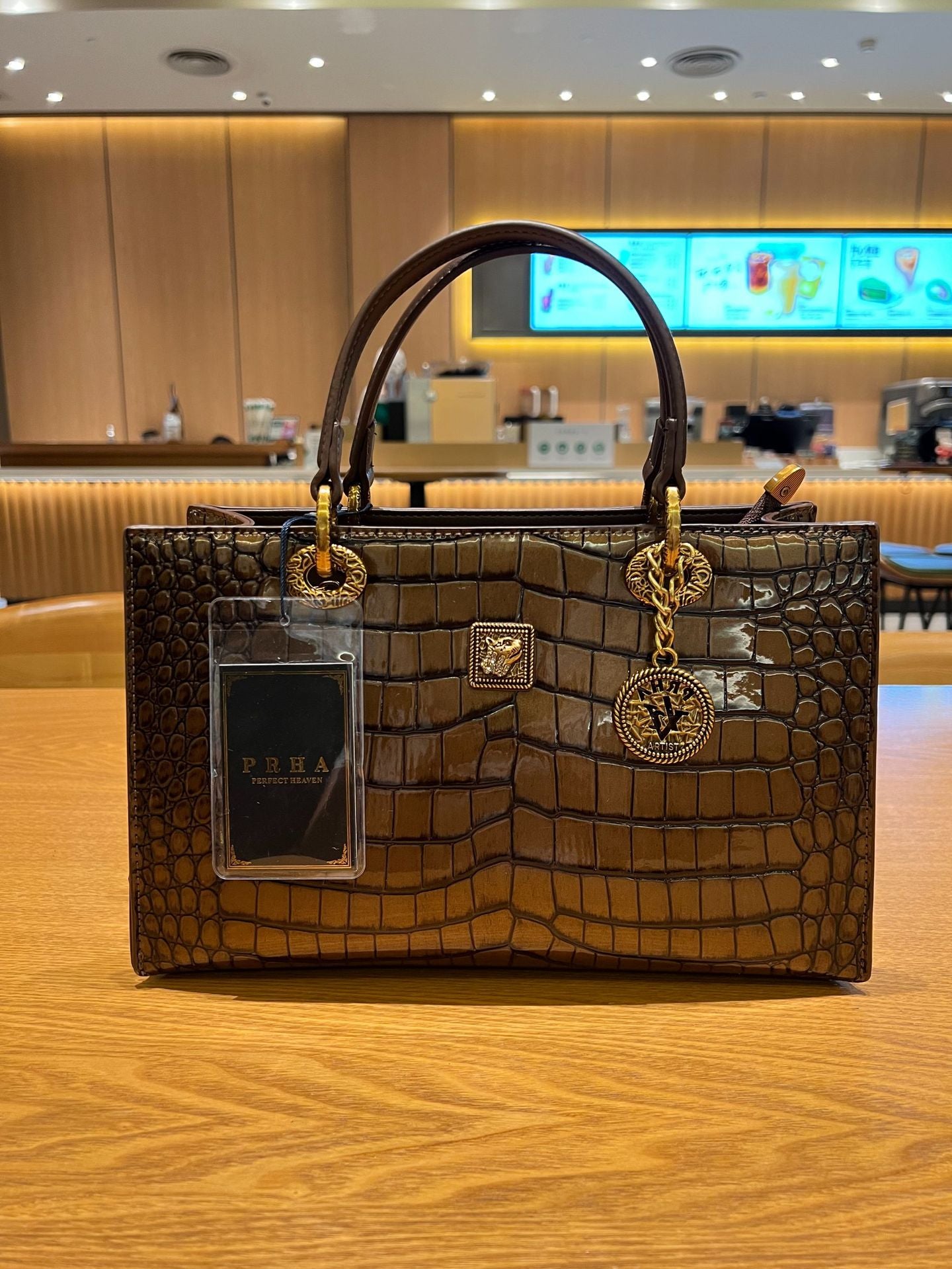 Crocodile Embossed Luxury Handbag Set - Gold & Bronze Tote Bags with Medallion Charms | Designer Style Structured Bags