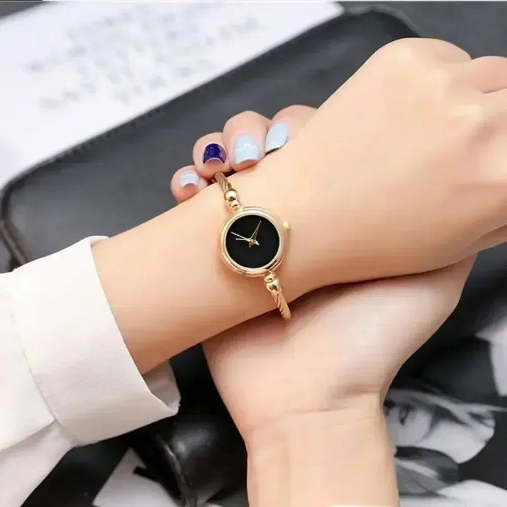 Gold Bangle Cuff Watch Women | Twisted Wire Open Bracelet | Black & White Dial Options | Dainty Minimalist Jewelry Watch