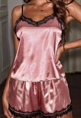 Women's Teal Satin Lace Trim Cami Top & Shorts Pajama Set ? Sexy 2-Piece Silky Sleepwear Lingerie Set